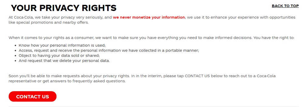 Coca-Cola Privacy Policy: Your Privacy Rights clause