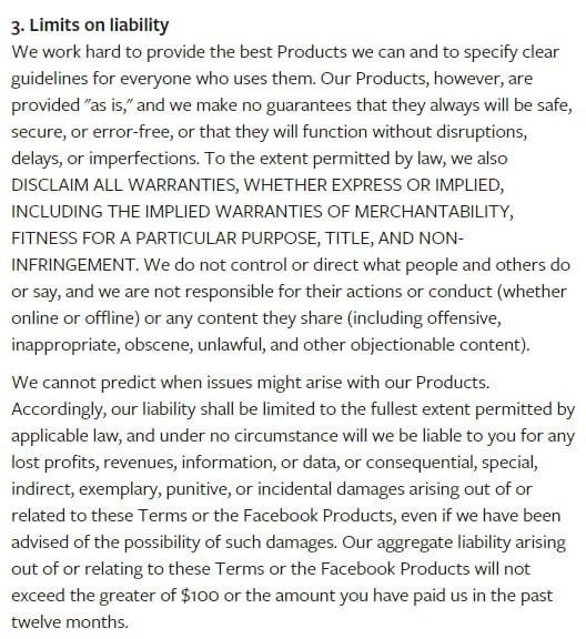 Facebook Terms of Service: Limits on Liability clause