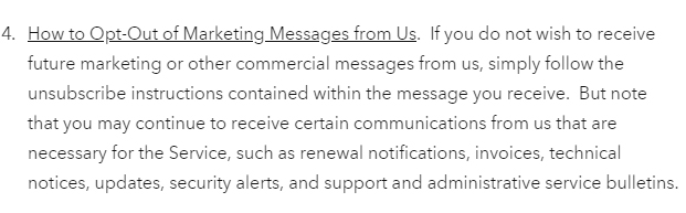 Generic Privacy Policy Opt-Out of Marketing Communications clause