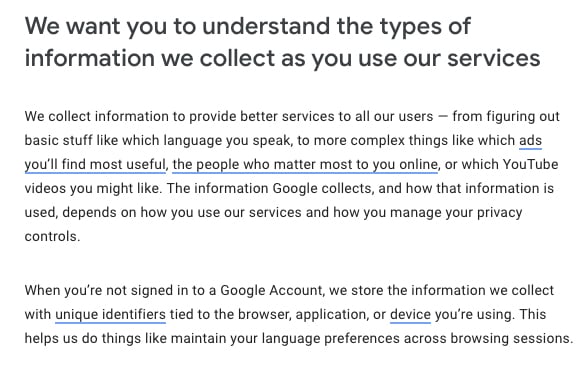 Google Privacy Policy: Understand the types of information we collect clause