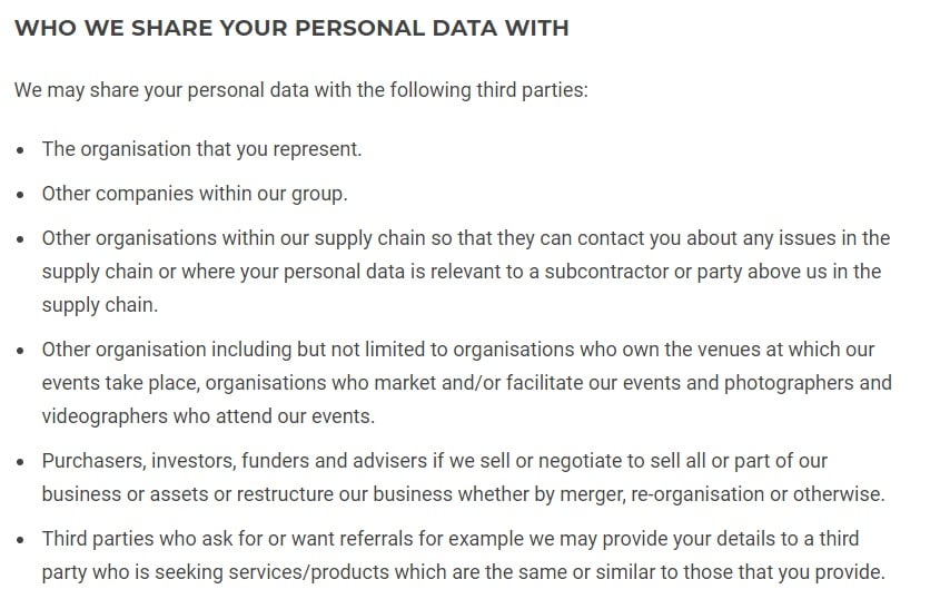 Gymshark Privacy Notice: Who we share your personal data with clause