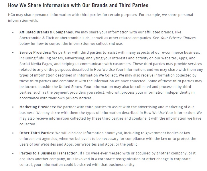 Hollister Privacy Policy: How We Share Information with Our Brands and Third Parties clause