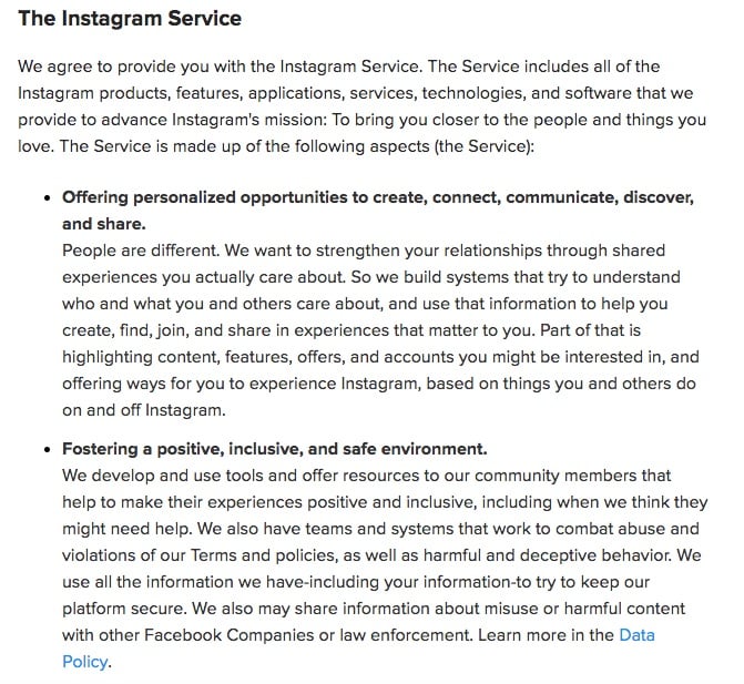 Instagram Terms of Use: Excerpt of The Instagram Service clause