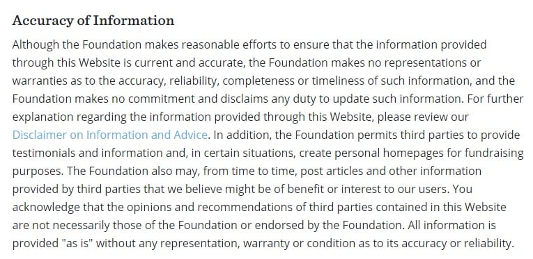 LIVESTRONG Terms of Use: Accuracy of Information clause