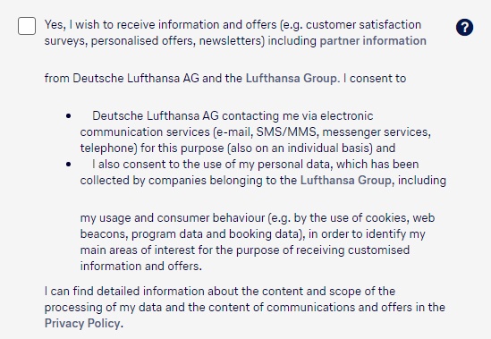 Lufthansa Create Profile form: Section with checkbox for consent