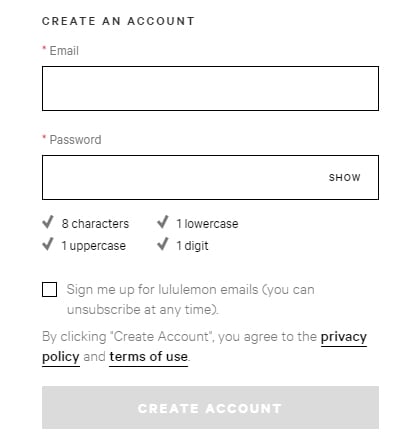 Lululemon Create an Account form