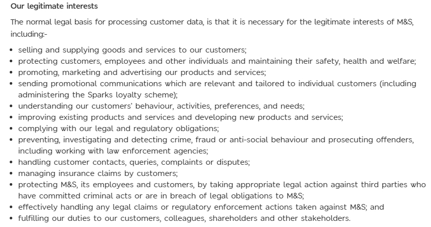 Marks and Spencer Privacy Policy: Legitimate interests clause