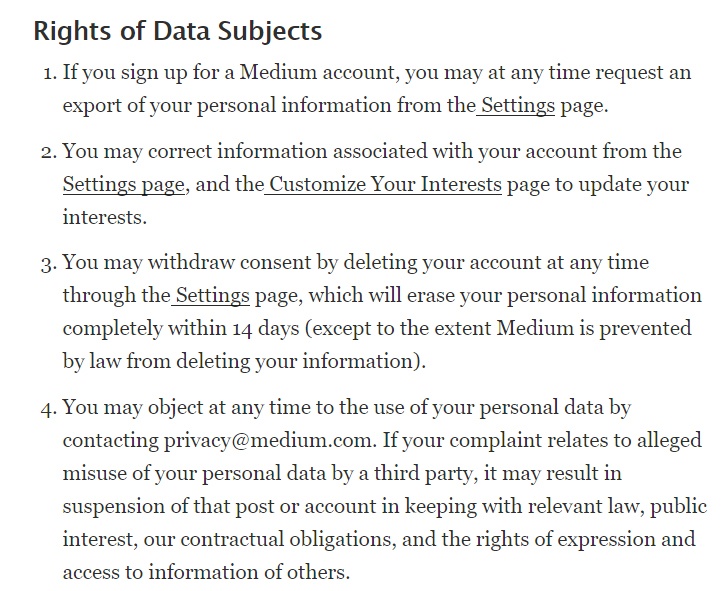 Medium Privacy Policy: Rights of Data Subjects clause excerpt