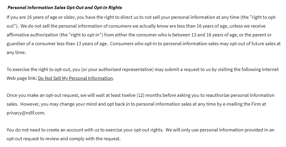 Newmeyer and Dillion Privacy Policy - Your California Privacy Rights section: Personal Information Sales Opto-Out and Opt-In Rights clause