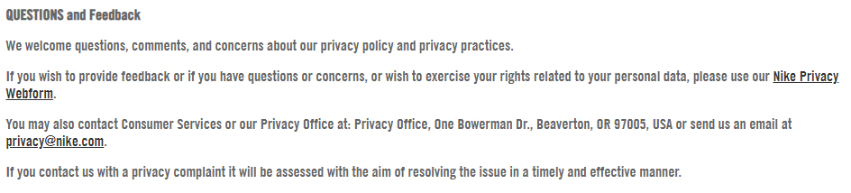 Nike Privacy Policy: Questions and Feedback clause