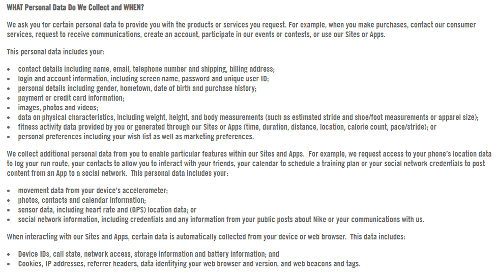 Nike Privacy Policy: What Personal Data Do We Collect and When clause