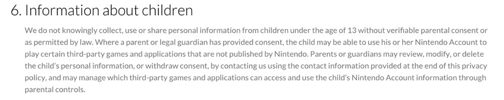 Nintendo Privacy Policy: Information about Children clause