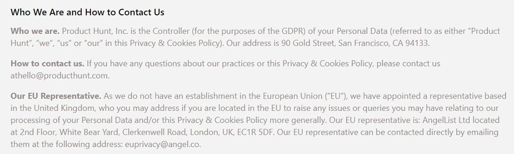 Product Hunt Privacy and Cookies Policy: Contact clause