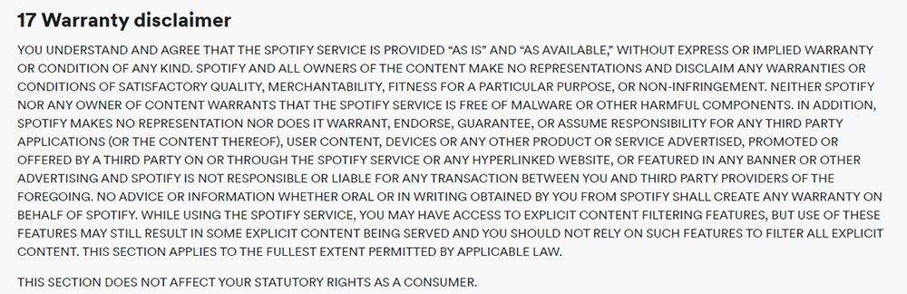 Spotify Terms and Conditions: Warranty disclaimer