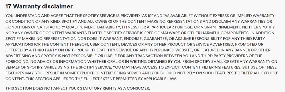 Spotify Terms and Conditions: Warranty disclaimer