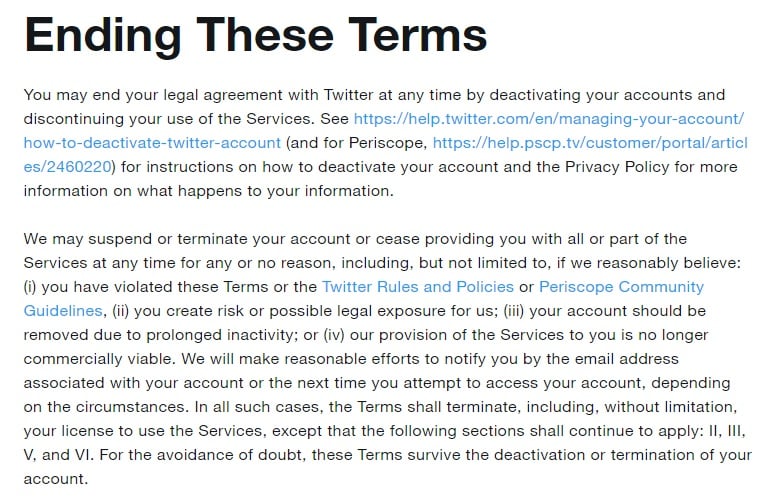 Twitter Terms of Service: Termination clause