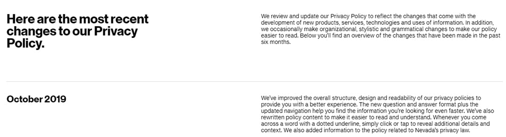 Verizon Privacy Policy: Recent Changes section
