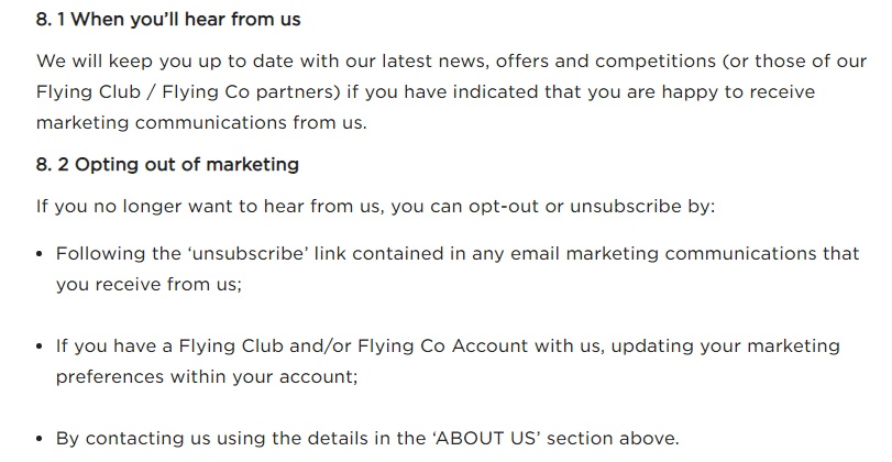 Virgin Atlantic Privacy Policy: Marketing clause opt-out excerpt