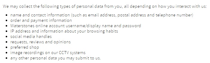 Waterstones Privacy Policy: What personal information do we collect clause