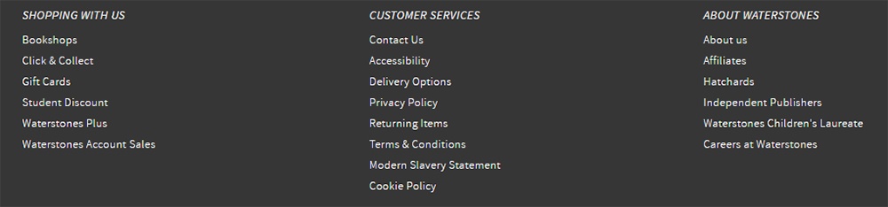 Waterstones website footer with links