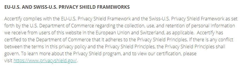 Accertify Privacy Statement: EU-US and Swiss-US Privacy Shield Frameworks clause