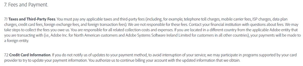 Adobe Terms of Use: Fees and Payment clause