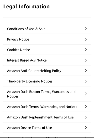 Screenshot of Amazon app Legal Information screen
