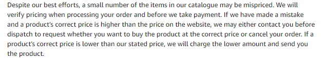 Amazon UK Conditions of Use and Sale: Mispriced Items clause