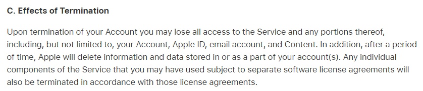 Apple iCloud Terms: Effects of Termination clause