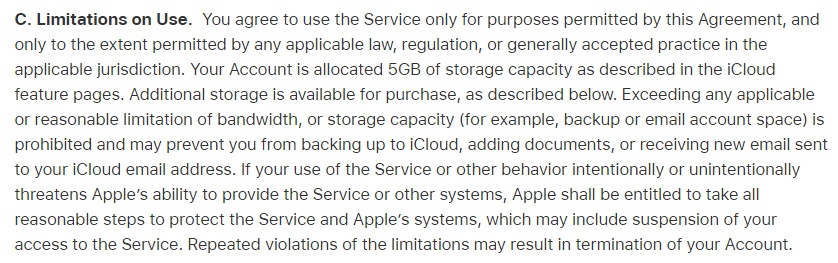 Apple iCloud Terms: Limitations on Use clause