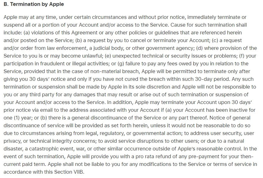 Apple iCloud Terms: Termination by Apple clause