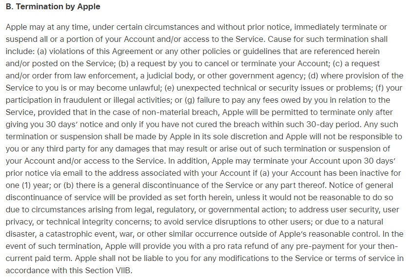 Apple iCloud Terms: Termination by Apple clause