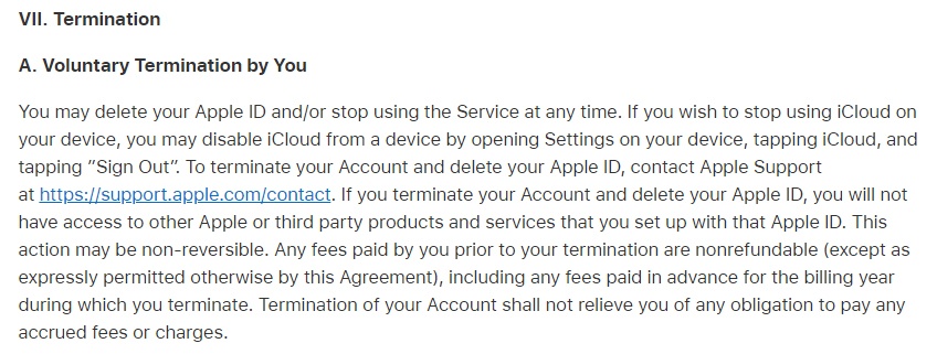 Apple iCloud Terms: Voluntary Termination clause