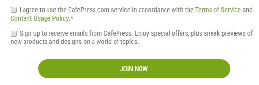 Cafepress Create Account form with Agree checkboxes