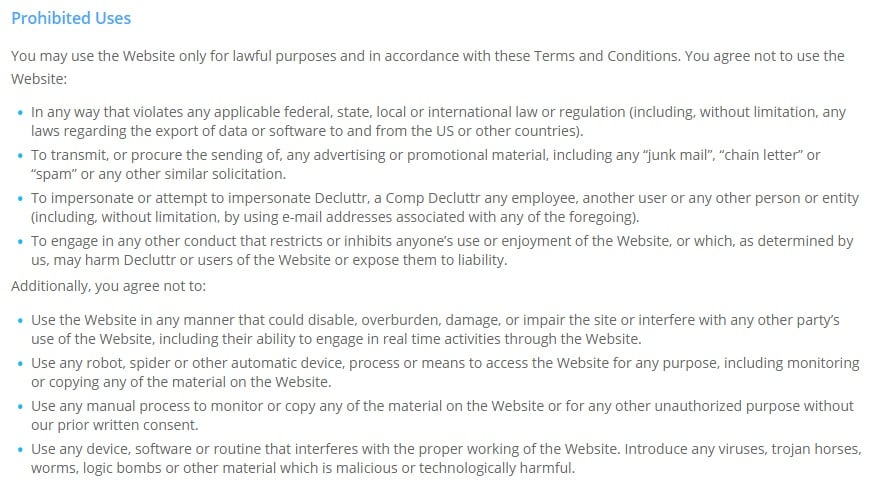 Decluttr Terms and Conditions: Prohibited Uses clause excerpt