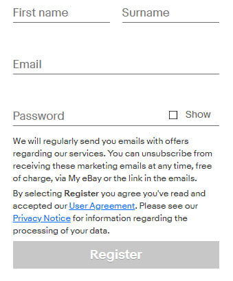 eBay UK Register Account form