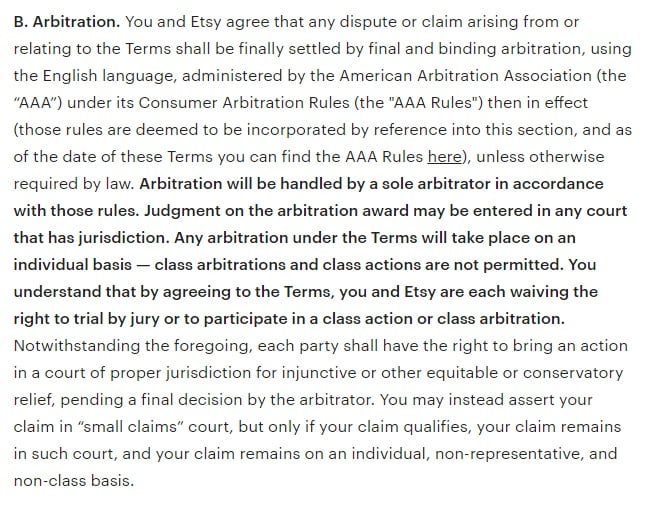 Etsy Terms of Use: Arbitration clause