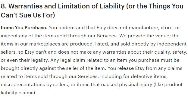 Etsy Terms of Use: Warranties and Limitation of Liability - Items You Purchase clause