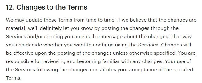 Etsy UK Terms of Use: Changes to these Terms clause