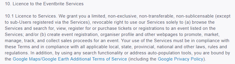 Eventbrite Terms of Service: Clause to grant a license