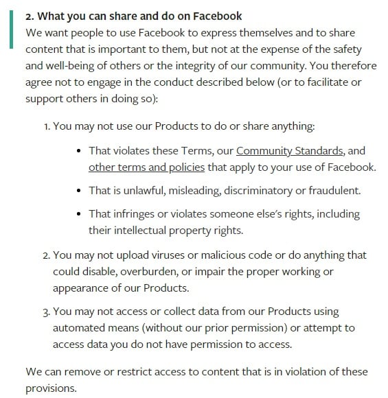 Facebook Terms of Service: User conduct clause
