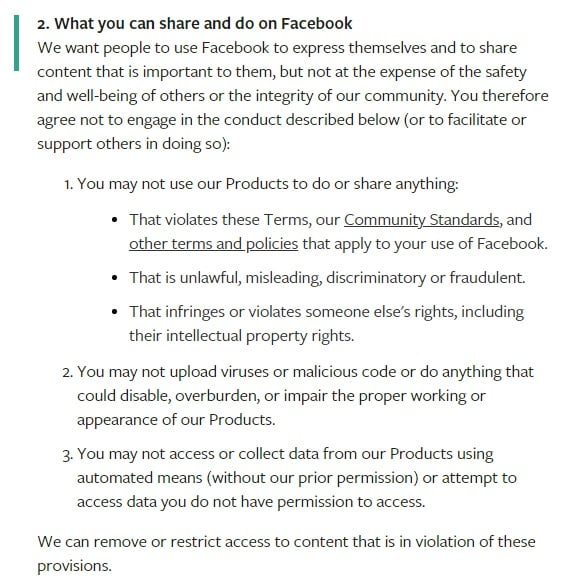 Facebook Terms of Service: User conduct clause