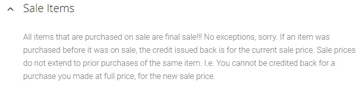 FLEO FAQ: Sale Items final sale section