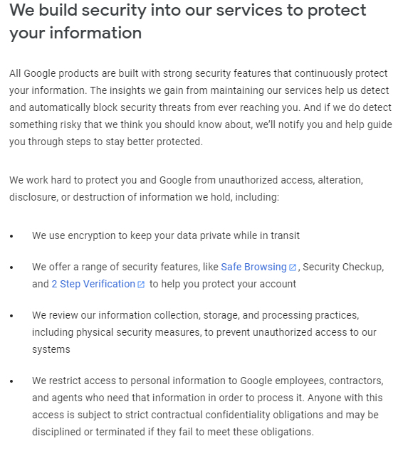 Google Privacy Policy: Data security clause