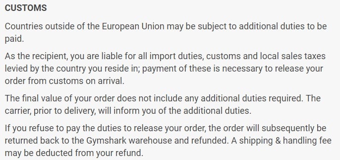 Gymshark UK Terms and Conditions: Customs clause