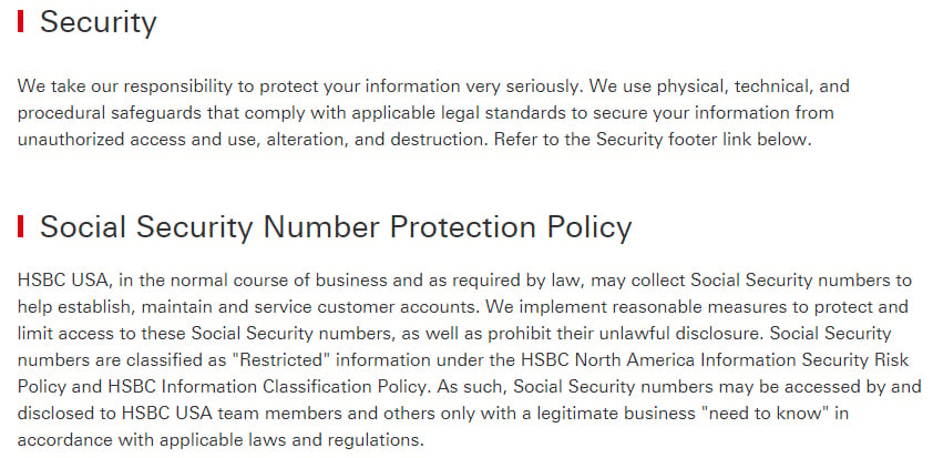 HSBC Privacy Statement: Security and Social Security Number Protection Policy clauses