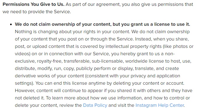 Instagram Terms of Use: Permissions and license to content clause