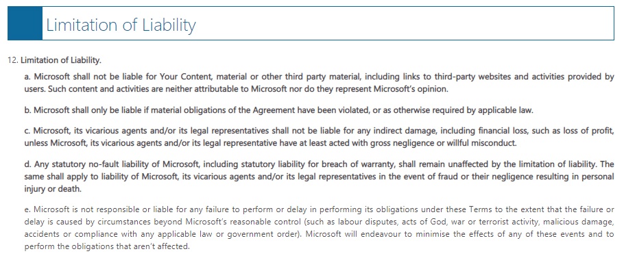 Microsoft Services Agreement: Limitation of Liability clause