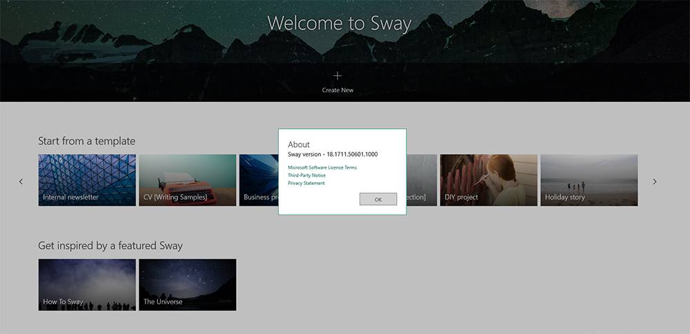 Screenshot of Microsoft Sway desktop app About menu