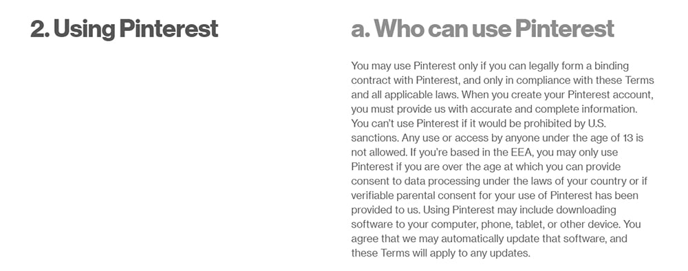 Pinterest Terms of Service: Who can use Pinterest clause
